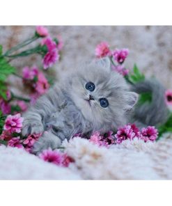 Cute Cat and pink flowers Diamond Painting Kit - DIY
